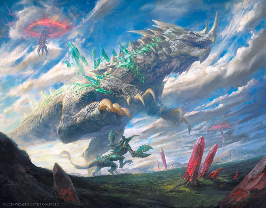 animal_focus blue_sky claws cloud cloudy_sky colossus commentary company_name crystal crystallization day dragon english_commentary fantasy from_below magic:_the_gathering manzanedo material_growth monster mountainous_horizon no_humans open_mouth outdoors pincers portal_(object) realistic running scenery sharp_teeth sky tail teeth