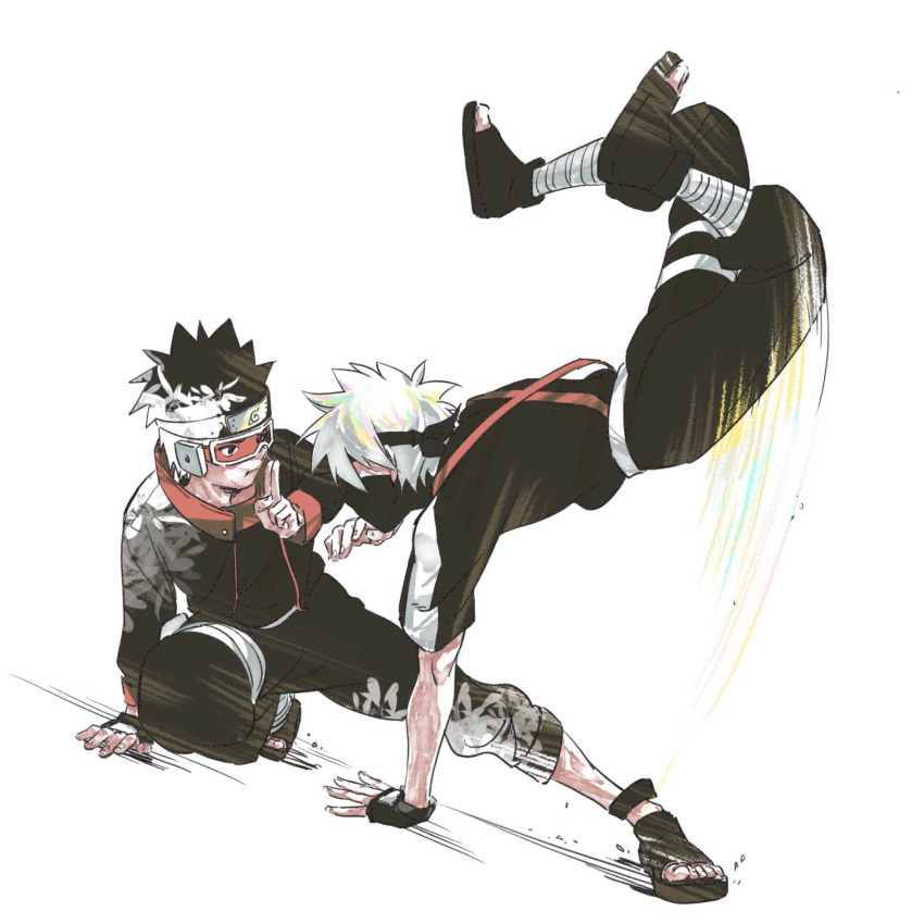 2boys arm_support black_gloves black_hair black_pants character_request fighting fingerless_gloves forehead_protector full_body gloves handstand highres huimuuu jacket konohagakure_symbol looking_at_another male_focus mask motion_lines mouth_mask mudra multicolored_hair multiple_boys naruto naruto_(series) ninja pants sandals short_hair simple_background spiked_hair toeless_footwear two-tone_hair white_background white_hair