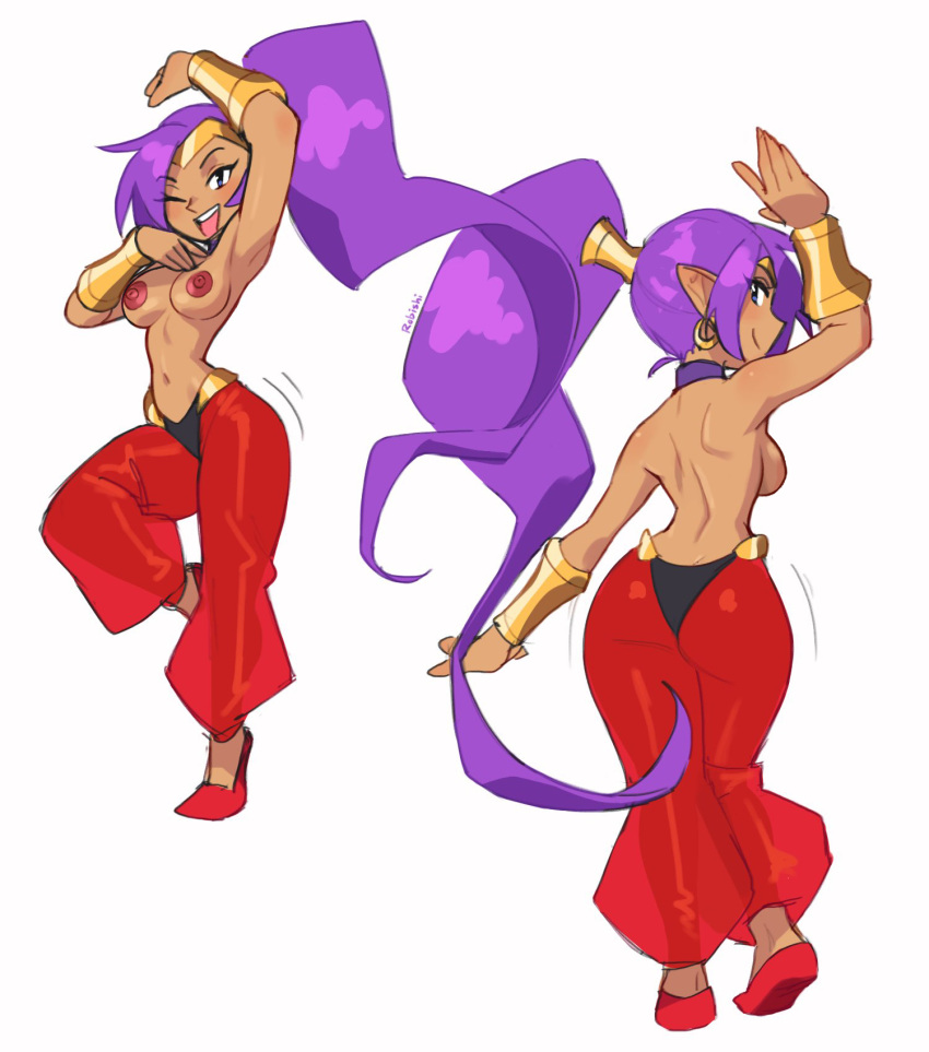 breasts brown_body brown_skin clothing ear_piercing ear_ring female footwear genie hair hi_res hoop_ear_ring humanoid humanoid_pointy_ears long_hair nipples not_furry open_mouth open_smile piercing ponytail purple_hair ring_piercing robishi shantae shantae_(series) shoes signature simple_background smile solo third-party_edit wayforward
