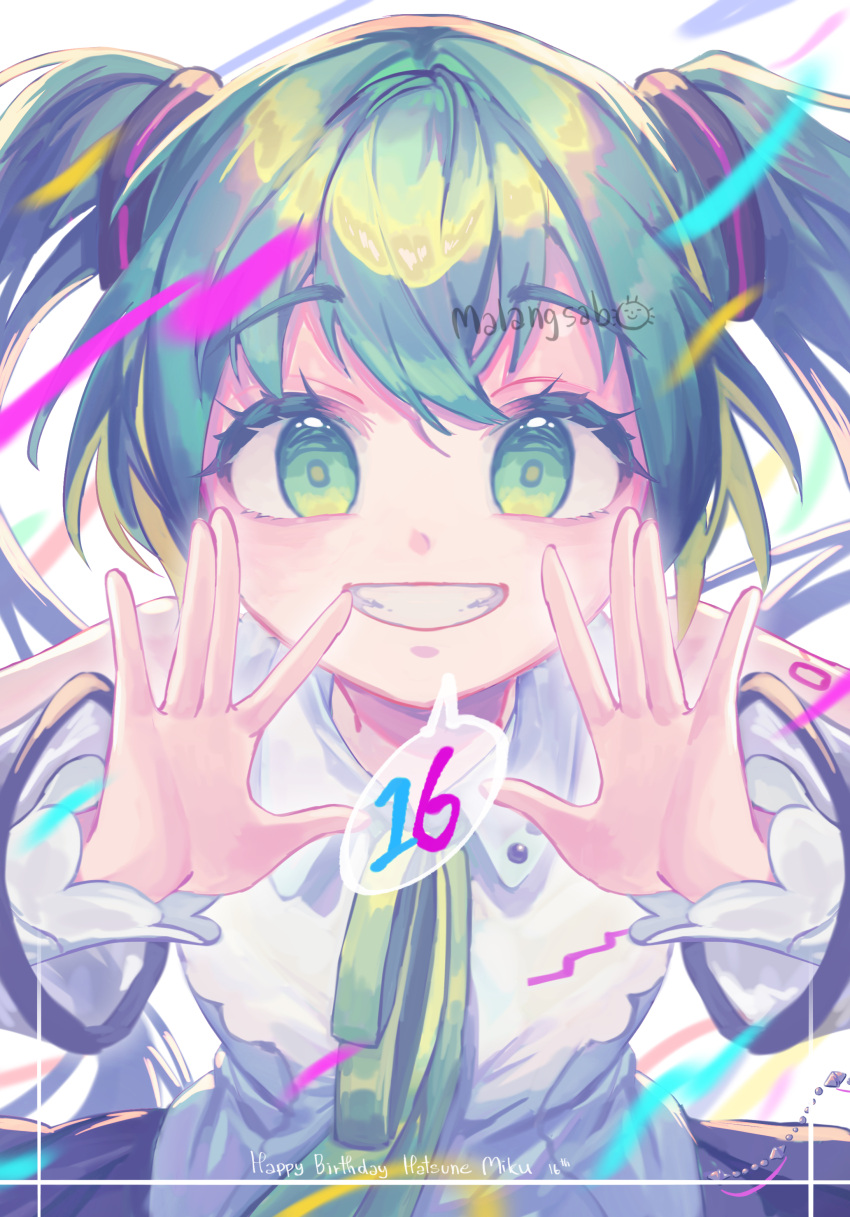 1girl absurdres artist_name collared_shirt detached_sleeves green_eyes green_hair grin gtcockroach hands_up happy_birthday hatsune_miku hatsune_miku_(nt) headset highres long_hair long_sleeves looking_at_viewer neck_ribbon ribbon shirt sleeveless sleeveless_shirt smile solo straight-on twintails vocaloid