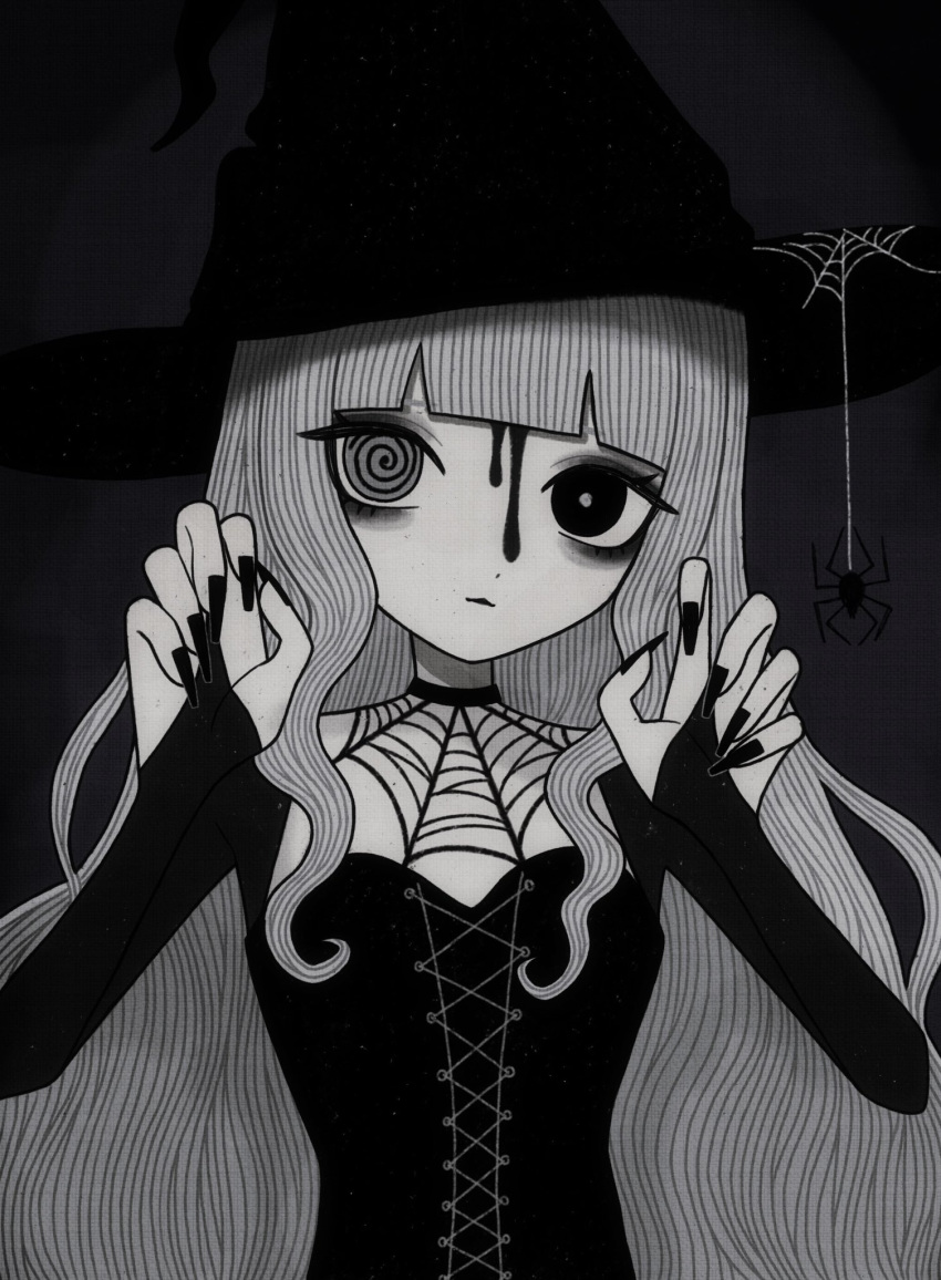 1girl @_@ bags_under_eyes black_background black_choker black_corset black_eyes black_nails blood blood_on_face blunt_bangs bright_pupils bug choker corset elbow_gloves fusigi_nano gloves goth_fashion halloween hands_up hat heterochromia highres long_hair monochrome original outstretched_arms sidelocks silk solo spider spider_web very_long_hair vignetting white_eyes white_hair white_pupils witch witch_hat zombie_pose