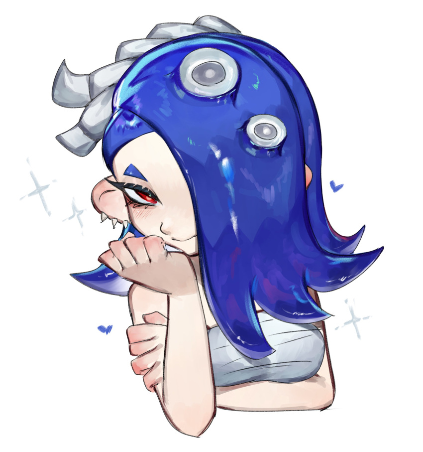 1girl absurdres blue_hair chest_sarashi closed_mouth commentary_request cropped_torso eyelashes hachimaki hair_over_one_eye headband highres medium_hair nejiri_hachimaki octoling red_eyes sarashi shiver_(splatoon) simple_background smile solo sparkle splatoon_(series) splatoon_3 tentacle_hair thick_eyebrows togetoge tooth_earrings upper_body white_background