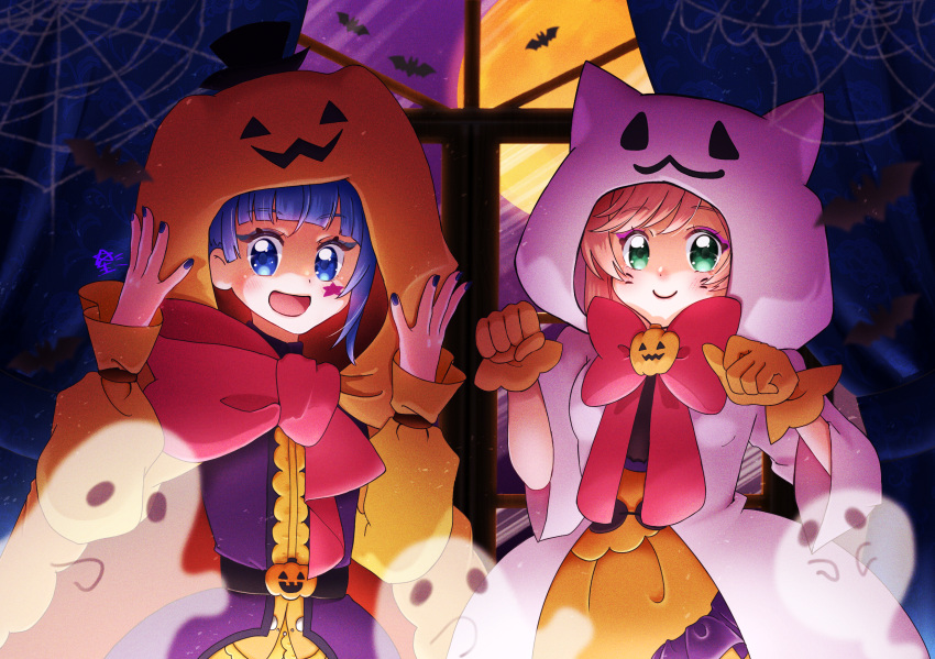 2girls bat_(animal) blue_eyes blue_hair bow bowtie cloak closed_mouth coat commentary cut_bangs dress english_commentary facial_mark fujisaki_star full_moon ghost ghost_costume gloves green_eyes halloween halloween_costume highres hirogaru_sky!_precure indoors jack-o'-lantern_brooch long_hair long_sleeves medium_hair mixed-language_commentary moon multiple_girls night nijigaoka_mashiro open_mouth orange_cloak orange_dress orange_gloves paw_pose pink_hair precure purple_coat red_bow red_bowtie silk single_sidelock smile sora_harewataru spider_web standing star_(symbol) star_facial_mark whisker_markings white_cloak window