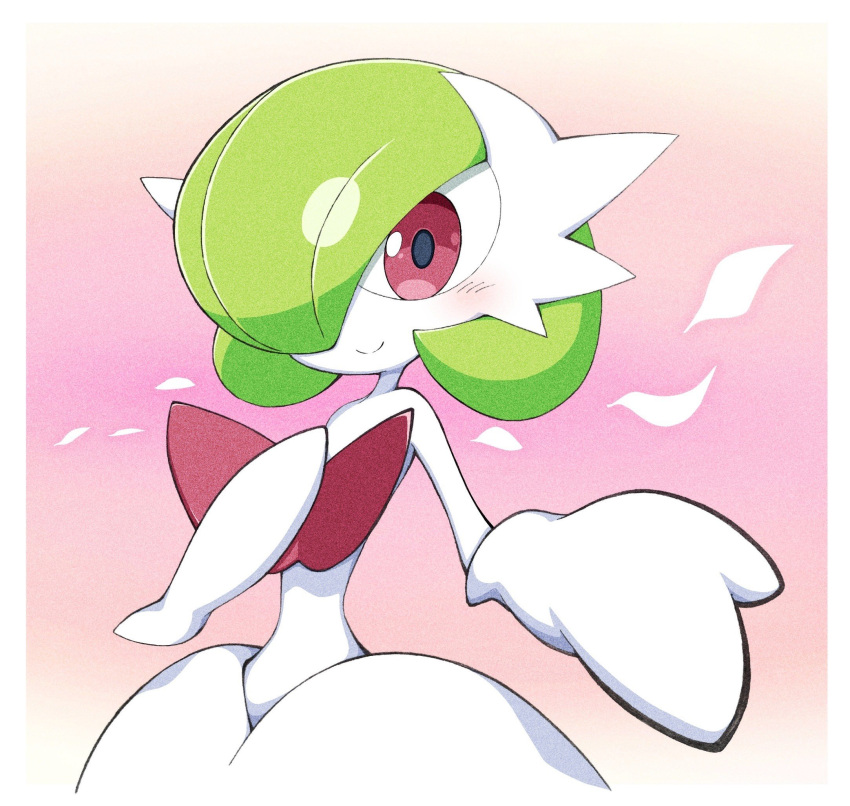 blush bob_cut colored_skin envi55109095 gardevoir gardevoir_day green_hair hair_over_one_eye hand_on_own_chest highres looking_at_viewer mega_gardevoir petals pink_background pink_eyes pokemon pokemon_(creature) smile white_skin