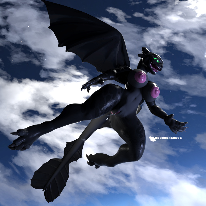 3d_(artwork) absurd_res anthro black_body blender_(software) blender_cycles bodily_fluids breasts cloud digital_media_(artwork) dododragon56 dragon dreamworks european_mythology female flying genital_fluids genitals green_eyes hi_res how_to_train_your_dragon looking_at_viewer mythological_creature mythological_scalie mythology night_fury nipples nude pussy reptile scalie sky smile solo teeth thick_thighs vaginal_fluids western_dragon wet wings