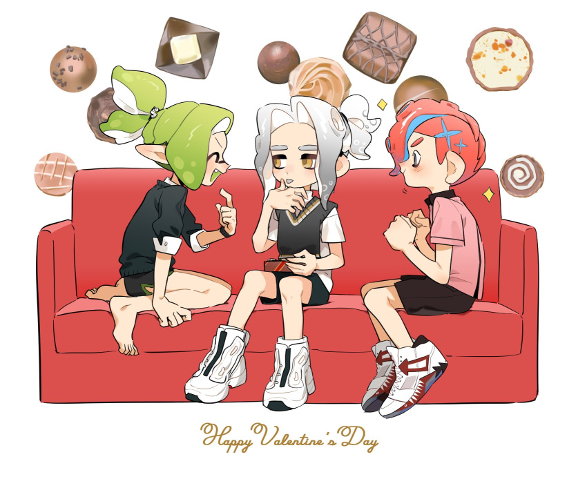 3boys :p ^_^ barefoot black_shorts box box_of_chocolates chocolate clenched_hand closed_eyes commentary_request couch fang green_hair grey_hair happy_valentine high_tops highres holding holding_box inkling inkling_boy inkling_player_character male_focus medium_hair mohawk multiple_boys octoling octoling_boy octoling_player_character on_couch open_mouth red_footwear red_hair shoes short_hair short_ponytail shorts simple_background sitting smile sneakers sparkle splatoon_(series) tentacle_hair thick_eyebrows tongue tongue_out two-tone_footwear vege_cai white_background white_footwear yellow_eyes