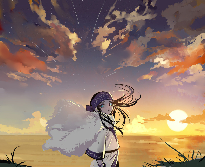 1girl asirpa black_hair blue_eyes cloak cloud commentary_request crying floating_clothes floating_hair golden_kamuy grass headband highres long_hair looking_back no2_gk ocean purple_headband shooting_star solo sun sunset tears upper_body white_cloak