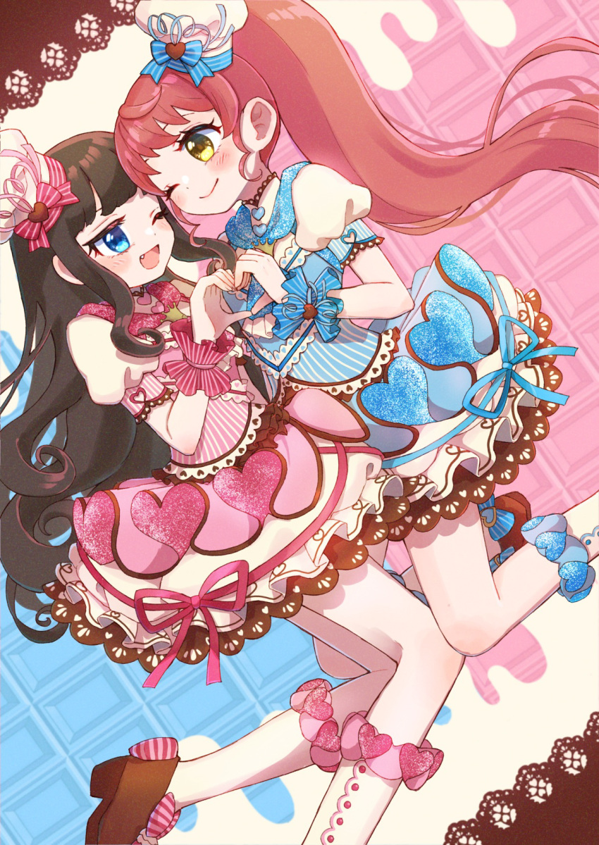 2girls ;d blue_dress blue_eyes blue_ribbon blush brown_footwear brown_hair chef_hat chocolate commentary_request dress eye_contact fang frilled_dress frilled_socks frills hat heart heart_hands heart_hands_duo highres jinno_(jin_c_kkry) kneehighs kurosu_aroma long_hair looking_at_another multiple_girls one_eye_closed open_mouth pink_dress pink_ribbon ponytail pretty_series pripara puffy_short_sleeves puffy_sleeves red_hair ribbon shiratama_mikan shoes short_sleeves smile socks valentine very_long_hair wrist_cuffs yellow_eyes
