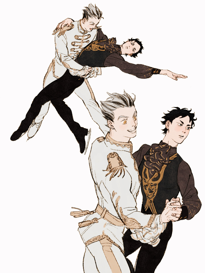 2boys akaashi_keiji arm_around_shoulder ascot black_eyes black_hair black_pants black_vest bokuto_koutarou brown_ascot chengongzi123 closed_eyes commentary epaulettes facing_another frilled_sleeves frills full_body grey_hair grey_jacket grey_pants haikyuu!! hands_up highres holding_hands ice_skates ice_skating jacket long_sleeves looking_at_viewer male_focus multicolored_hair multiple_boys multiple_views open_mouth outstretched_arm pants parted_lips puffy_long_sleeves puffy_sleeves short_hair simple_background skates skating standing streaked_hair symbol-only_commentary tassel thick_eyebrows torso_grab very_short_hair vest white_background