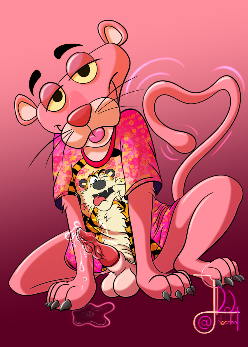 absurd_res anthro aroused aroused_smile balls bodily_fluids bottomless bottomless_male calvin_and_hobbes claws clothed clothing cum dripping felid genital_fluids genitals hi_res hobbes lobofeo male mammal panthera pantherine paws pink_panther precum precum_drip solo tongue tongue_out