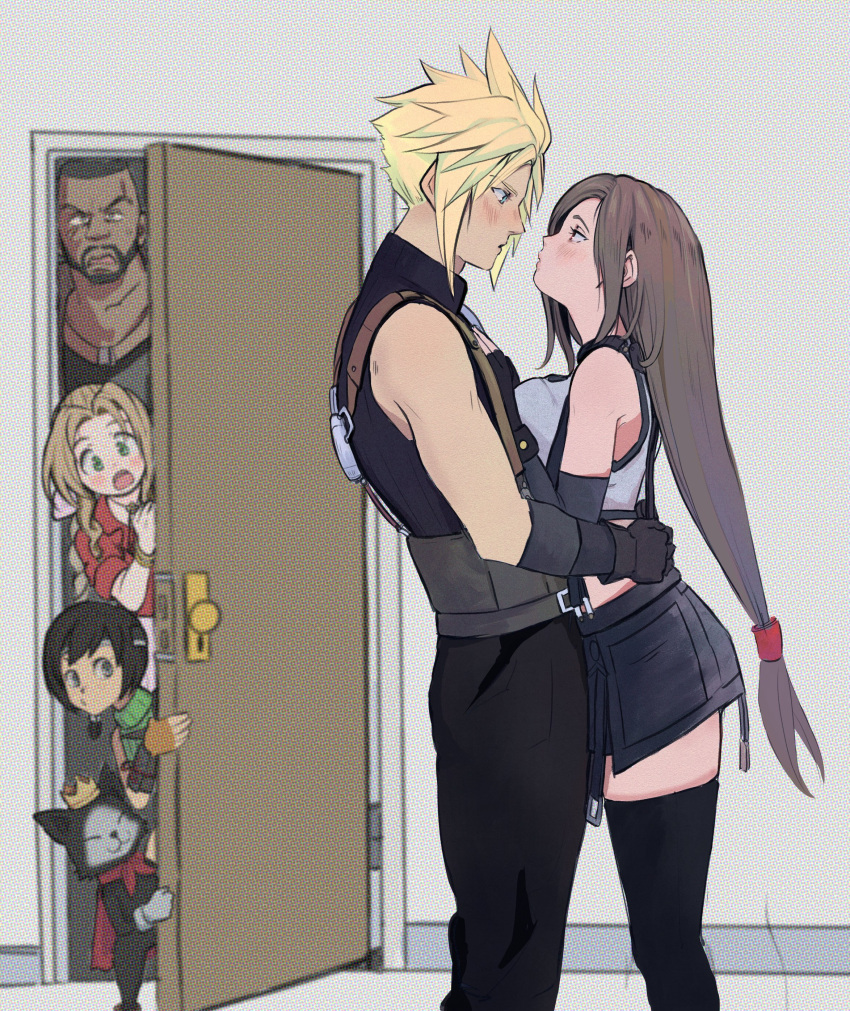 2boys 3girls absurdres aerith_gainsborough baggy_pants bare_shoulders barret_wallace black_gloves black_hair black_shirt black_skirt black_thighhighs blonde_hair blue_eyes blurry blurry_background blush breast_press breasts brown_hair cait_sith_(ff7) closed_mouth cloud_strife commentary crop_top dark-skinned_male dark_skin elbow_gloves english_commentary eye_contact facial_hair feet_out_of_frame final_fantasy final_fantasy_vii final_fantasy_vii_rebirth final_fantasy_vii_remake fingerless_gloves from_side gloves green_sweater hair_ribbon hands_on_another's_chest height_difference highres hug hugo_artist imminent_kiss indoors jacket large_breasts long_hair looking_at_another low-tied_long_hair midriff multiple_boys multiple_girls open_door open_mouth opening_door pants parted_bangs pink_ribbon red_eyes red_jacket ribbon shirt short_hair skirt sleeveless sleeveless_turtleneck spiked_hair standing suspender_skirt suspenders sweater tank_top thighhighs tifa_lockhart turtleneck turtleneck_sweater very_long_hair white_tank_top yuffie_kisaragi zettai_ryouiki