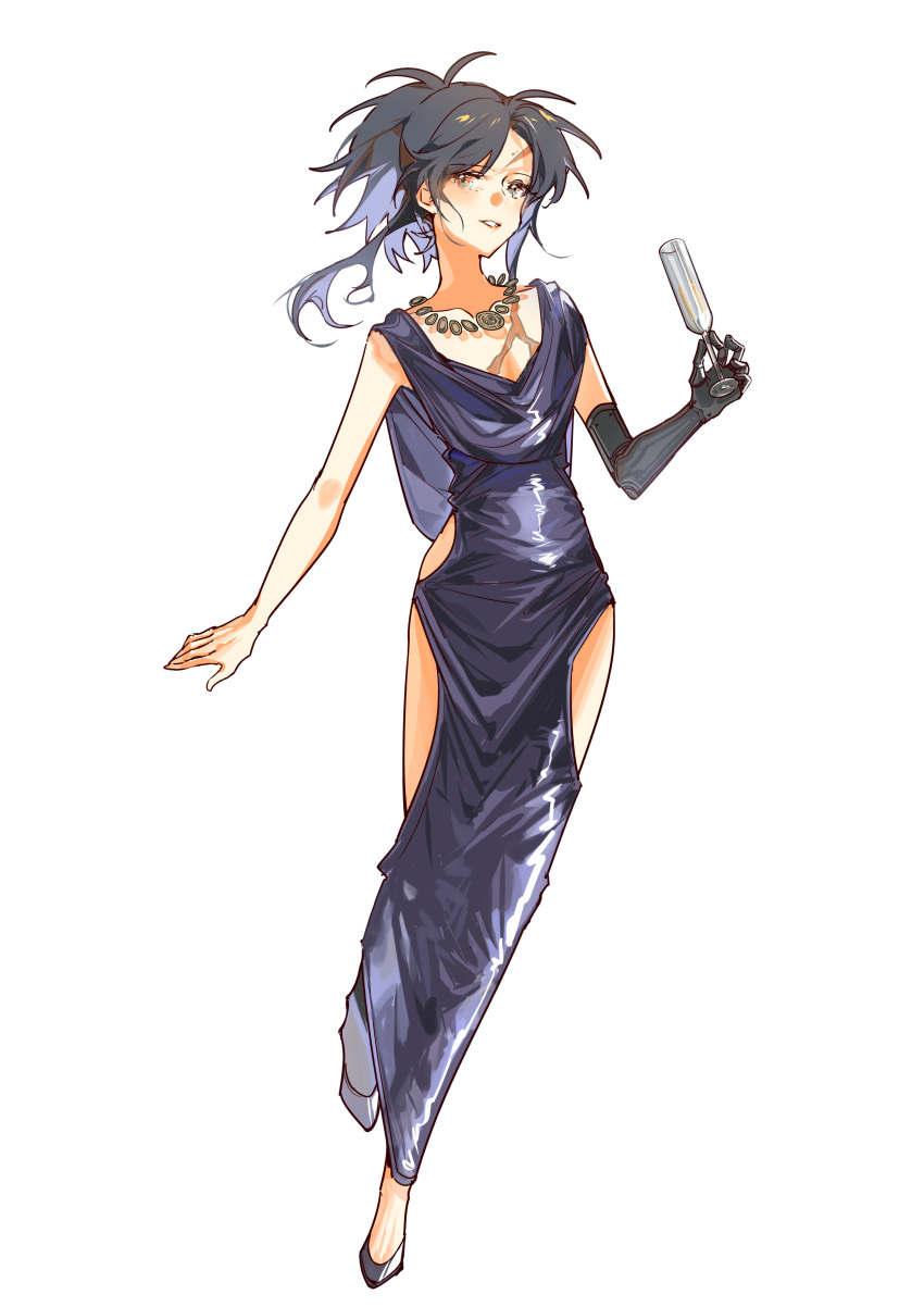 1girl absurdres angelia_(girls'_frontline) blue_hair blueblossom brown_eyes champagne_flute clothing_cutout colored_inner_hair commentary_request cup dress drinking_glass evening_gown full_body girls'_frontline grey_footwear high_heels highres holding holding_cup jewelry looking_at_viewer mechanical_arms multicolored_hair necklace partial_commentary scar scar_on_chest scar_on_face scar_on_forehead simple_background single_mechanical_arm solo white_background