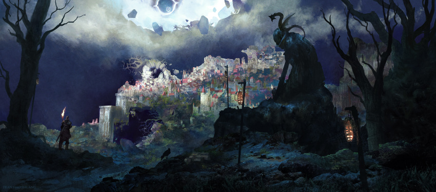 1other ambiguous_gender artist_name bare_tree blue_sky building city cityscape cloud dragon fantasy fran_hao_shuang highres holding holding_torch lamppost moss original outdoors painterly realistic rock scenery sky statue torch tree very_wide_shot
