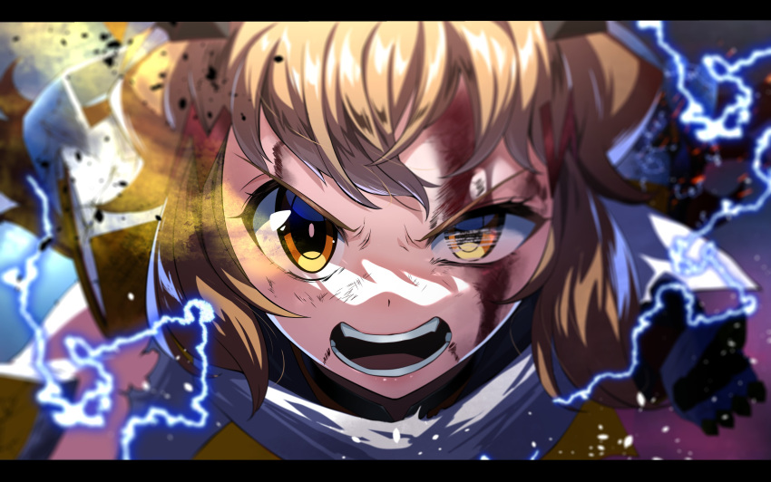 1girl absurdres blonde_hair blood blood_from_mouth blood_on_face bodysuit breasts brown_eyes elbow_gloves gloves glowing glowing_eye hair_ornament hairclip headgear headphones highres injury large_breasts light_brown_hair lightning looking_at_viewer nyanmaru open_mouth orange_bodysuit orange_eyes scarf senki_zesshou_symphogear short_hair solo tachibana_hibiki_(symphogear)