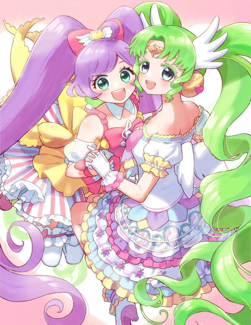 :d ahoge bare_shoulders blush bow colored_eyelashes commentary_request detached_sleeves dress falulu falulu_(awakened) forehead_jewel frilled_dress frills green_eyes green_hair grey_eyes hair_bow headphones highres idol_clothes jinno_(jin_c_kkry) layered_dress long_hair looking_at_viewer looking_back manaka_laala open_mouth parted_bangs pink_bow pretty_series pripara puffy_detached_sleeves puffy_sleeves purple_hair sidelocks sitting smile treble_clef twintails very_long_hair white_dress white_wings wing_hair_ornament wings