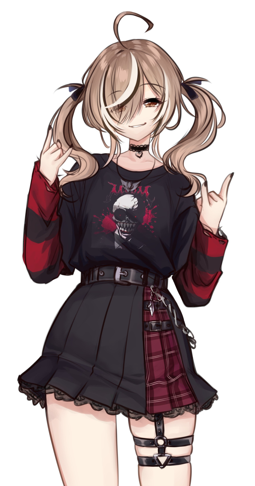 1girl \n/ absurdres ahoge belt belt_chain black_choker black_nails black_skirt black_sweater brown_eyes brown_hair choker emo_fashion grin heart heart_choker highres hololive hololive_english lace-trimmed_choker lace_trim looking_at_viewer lsketchu nanashi_mumei nanashi_mumei_(4th_costume) nightmare_(nanashi_mumei) o-ring o-ring_thigh_strap plaid plaid_skirt pleated_skirt red_skirt red_sweater skirt smile striped_clothes striped_sweater sweater sweater_under_shirt thigh_strap torn_clothes torn_sweater two-tone_sweater virtual_youtuber