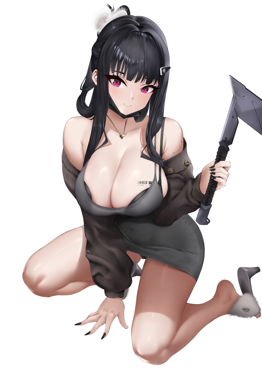 1girl absurdres arm_support arm_tattoo axe barcode barcode_tattoo bare_shoulders black_bra black_hair black_mask black_nails black_panties bra breast_tattoo breasts brown_cardigan cardigan covered_navel d_(killer_wife)_(nikke) d_(nikke) dongtan_dress dress goddess_of_victory:_nikke grey_dress hair_ornament hair_rings hairclip heart heart_necklace high_heels highres holding holding_axe jewelry large_breasts long_hair long_sleeves looking_at_viewer mask mask_pull meme_attire mouth_mask necklace off_shoulder on_one_knee open_cardigan open_clothes panties pantyshot pencil_dress purple_eyes ryuvie simple_background slippers smile solo tattoo thighs underwear white_background