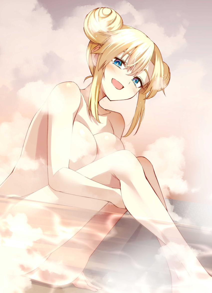 1girl absurdres blonde_hair blue_eyes blush breasts completely_nude convenient_censoring double_bun hair_between_eyes hair_bun highres indoors keigen_hichou large_breasts looking_at_viewer nude open_mouth regina_mercedes seiken_gakuin_no_maken_tsukai smile solo steam steam_censor water