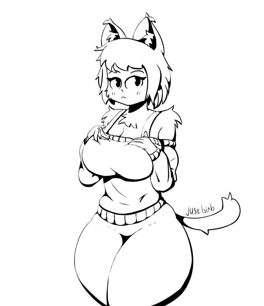 :&lt; absurd_res anthro artist_name big_breasts black_and_white blush bra breasts chest_tuft cleavage clothed clothing digital_media_(artwork) domestic_cat eyebrows eyelashes felid feline felis fully_clothed hair hand_on_breast hi_res inner_ear_fluff justbirb looking_at_viewer mammal monochrome portrait simple_background solo standing sweater sweatpants tail thick_thighs three-quarter_portrait three-quarter_view topwear tuft underwear unknown_character white_background wide_hips