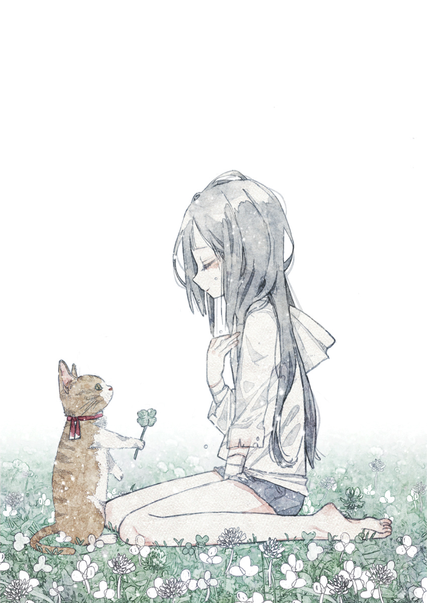 1girl animal bare_legs barefoot between_legs black_hair cat closed_eyes closed_mouth clover field flower four-leaf_clover from_side grass grey_hair hand_on_own_chest highres holding holding_flower hood hood_down hoodie long_hair original oseto_(oxxsexxto) painting_(medium) short_shorts shorts sitting smile solo tears traditional_media wariza watercolor_(medium) white_background white_flower
