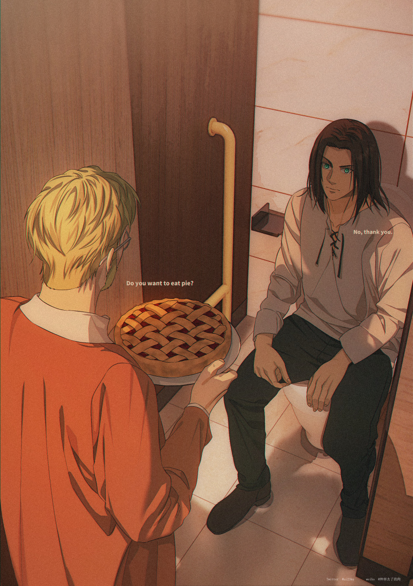 2boys absurdres anachronism beard blonde_hair blue_eyes brothers brown_hair chinese_commentary coat commentary_request eren_yeager facial_hair food glasses highres holding holding_plate male_focus multiple_boys niku_(ni23ku) orange_coat pie plate shingeki_no_kyojin siblings sitting toilet toilet_stall twitter_username weibo_username zeke_yeager