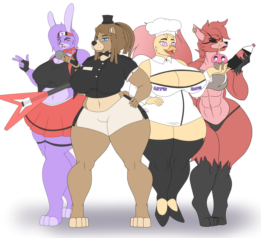 anthro avian bandanna bear big_breasts big_butt bird blue_eyes bonnie_(fnaf) bottle bottomwear bow_ribbon breasts butt canid canine chef_hat chica_(fnaf) chicken clothed clothing container dreadlocks ear_piercing ear_ring eye_patch eyewear facial_markings female five_nights_at_freddy's flat_colors footwear fox foxy_(fnaf) freddy_(fnaf) galliform gallus_(genus) group hat head_markings headgear headwear hi_res high_heels kerchief la-bonna(photolol.03) la-foxa_(photolol.03) la-fredda(photolol.03) la-shishi(photolol.03) lagomorph leporid lipstick looking_at_viewer makeup mammal markings muscular muscular_anthro muscular_female panties phasianid photolol.03 piercing pink_eyes purple_body rabbit ring_piercing scottgames simple_background skirt thick_thighs underwear wide_hips