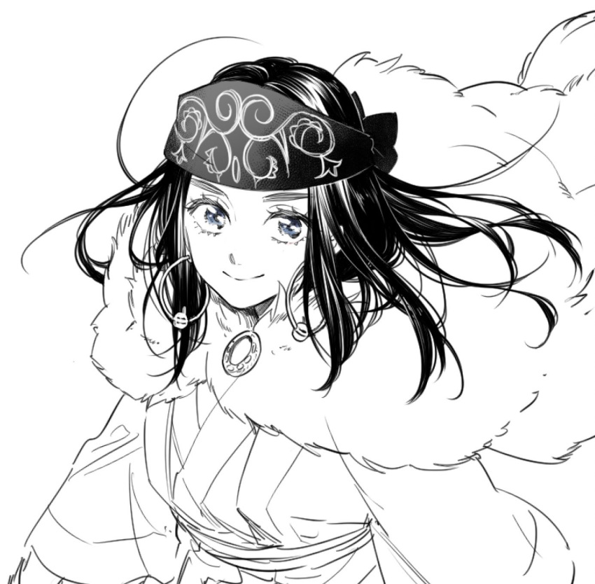 1girl ainu ainu_clothes asirpa blue_eyes cloak closed_mouth commentary_request earrings floating_hair from_above fur_cloak golden_kamuy greyscale headband highres hoop_earrings jewelry long_hair long_sleeves monochrome ran_(ran_0605) smile solo upper_body