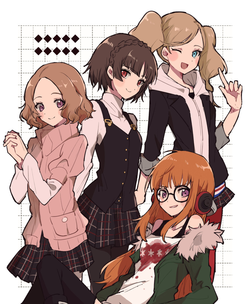 4girls absurdres black_pantyhose blue_eyes brown_hair fur-trimmed_jacket fur_trim glasses green_jacket headphones highres hood hood_down jacket long_hair long_sleeves looking_at_viewer mty_mmm multiple_girls niijima_makoto okumura_haru one_eye_closed open_mouth orange_hair own_hands_together pantyhose persona persona_5 plaid plaid_skirt purple_eyes red_eyes sakura_futaba shirt short_hair skirt smile sweater takamaki_anne turtleneck twintails