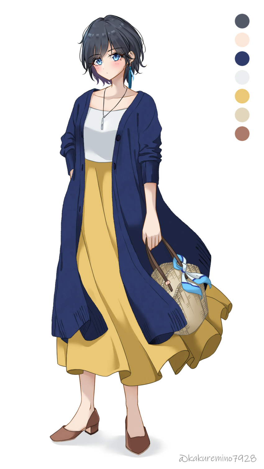 1girl arm_at_side basket black_hair blue_cardigan blue_eyes blush breasts brown_footwear cardigan closed_mouth collarbone color_guide commentary dated_commentary dot_nose earrings full_body hand_on_own_hip high-waist_skirt highres holding holding_basket jewelry kakuremino7928 long_eyelashes long_skirt looking_ahead necklace no_socks open_cardigan open_clothes original pendant shadow shirt shoes short_hair simple_background skirt sleeves_past_elbows sleeves_pushed_up small_breasts solo standing swept_bangs tassel tassel_earrings twitter_username white_background white_shirt yellow_skirt