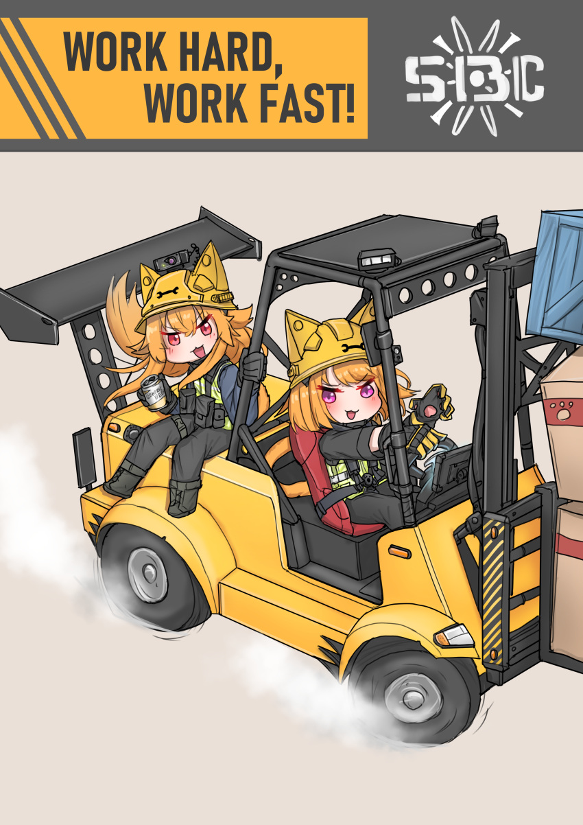 absurdres animal_ears animal_ears_helmet black_footwear black_gloves black_pants blush can cat_ears cat_girl chibi crate driving english_commentary english_text forklift full_body gloves hard_hat helmet highres holding holding_can long_hair long_sleeves looking_at_viewer motor_vehicle open_mouth orange_hair original pants purple_eyes red_eyes sitting smoke smoke_trail smug spoiler_(automobile) srtdrawart tire