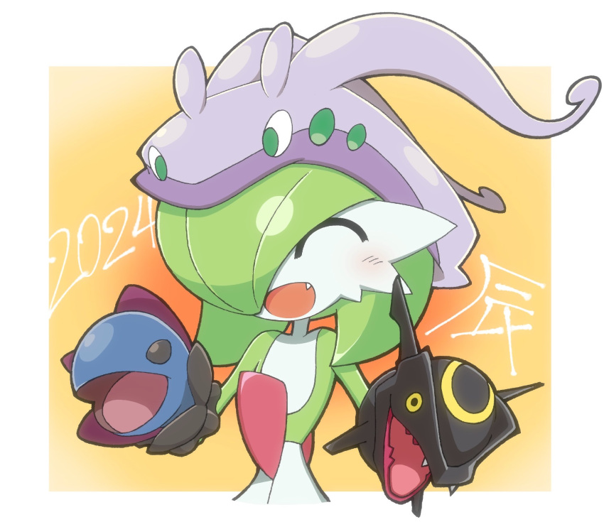 alternate_color bob_cut chinese_zodiac closed_eyes dragon envi55109095 fang gardevoir goodra green_hair hair_over_one_eye hand_puppet highres hydreigon open_mouth orange_background pokemon pokemon_(creature) puppet rayquaza shiny_pokemon year_of_the_dragon