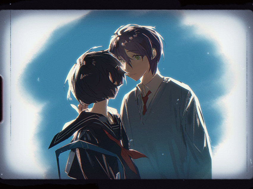 1boy 1girl arms_at_sides black_hair black_sailor_collar black_shirt blue_sky bob_cut brown_hair cloud cloudy_sky collared_shirt face-to-face green_eyes grey_sweater hand_up hetero highres kenmochi_touya letterboxed looking_at_another neckerchief necktie nijisanji outdoors popoyu red_neckerchief red_necktie sailor_collar school_uniform serafuku shirt short_hair sidelocks sky sweater tsukino_mito v-neck vignetting virtual_youtuber white_shirt