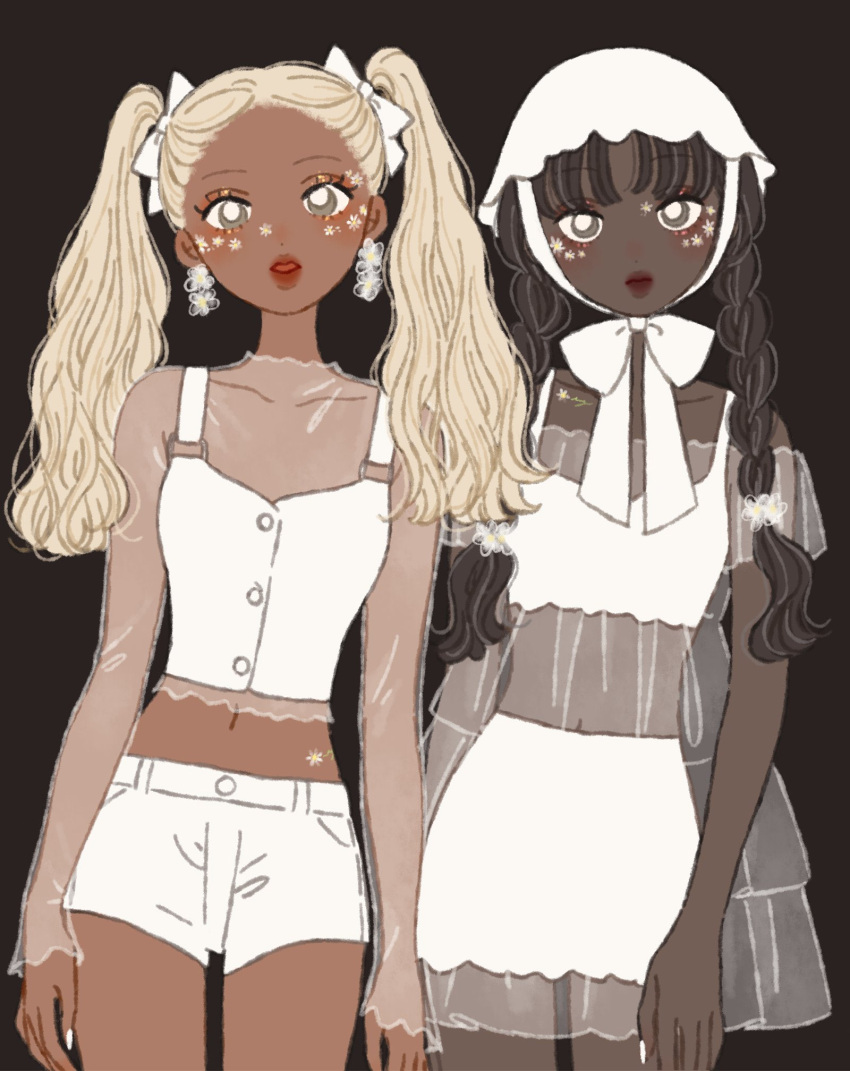 2girls black_background black_hair blonde_hair bow braid bright_pupils cowboy_shot crop_top dark-skinned_female dark_skin dress earrings eyeshadow fashion flower grey_eyes hair_bow hat highres jewelry long_hair long_sleeves looking_at_viewer makeup midriff multiple_girls navel original red_lips ribbon rikuwo see-through see-through_sleeves shirt shorts simple_background skirt twin_braids twintails white_bow white_eyes white_flower white_headwear white_nails white_pupils white_shorts white_skirt