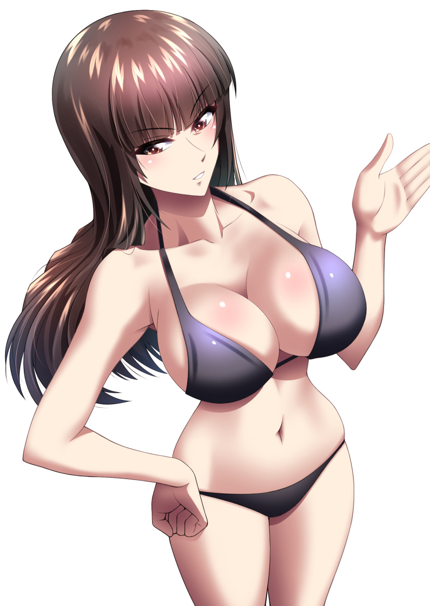 1girl bikini black_bikini black_eyes black_hair breasts cleavage commentary gesture girls_und_panzer half-closed_eyes halterneck hand_on_hip highres hime_cut large_breasts looking_at_viewer mature_female miraino_tsubasa navel nishizumi_shiho parted_lips simple_background smile solo standing straight_hair swimsuit white_background