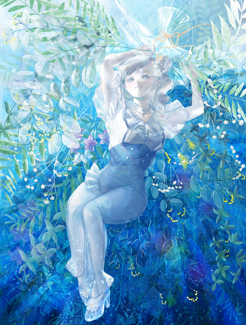 1girl absurdres arms_up blue_eyes blue_theme dress flower frills full_body hair_ornament high_heels highres holding leaf long_hair looking_at_viewer original parted_lips plant puffy_sleeves ribbon sabaumako shirt short_sleeves solo white_footwear white_hair white_shirt
