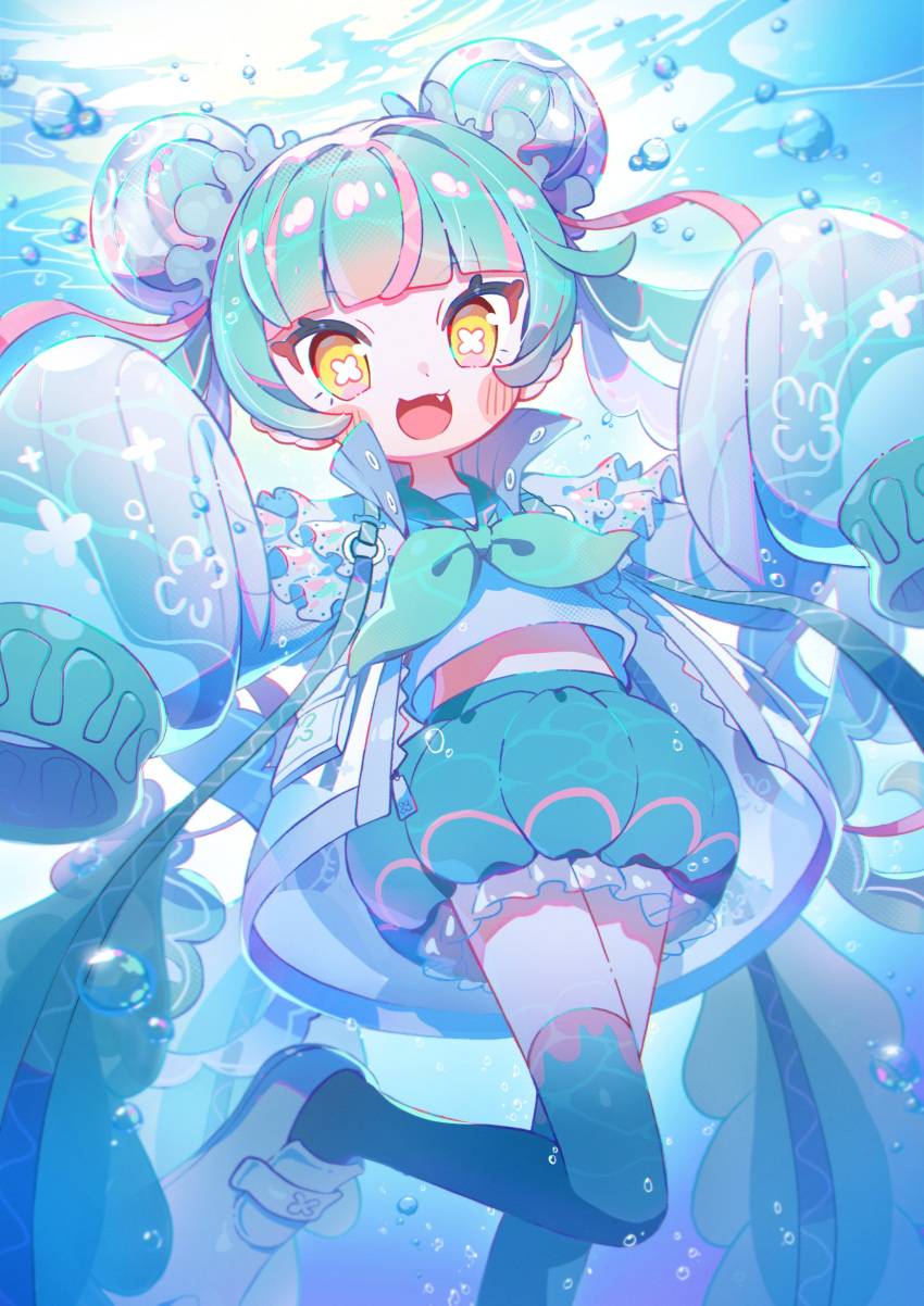 :d absurdres aqua_hair blue_thighhighs cowboy_shot fang gaogao_(gaogaomegu) highres jacket jellygao long_sleeves multicolored_hair open_mouth original puffy_long_sleeves puffy_sleeves sleeves_past_fingers sleeves_past_wrists smile symbol-shaped_pupils thighhighs underwater very_long_sleeves white_footwear white_jacket x-shaped_pupils yellow_eyes