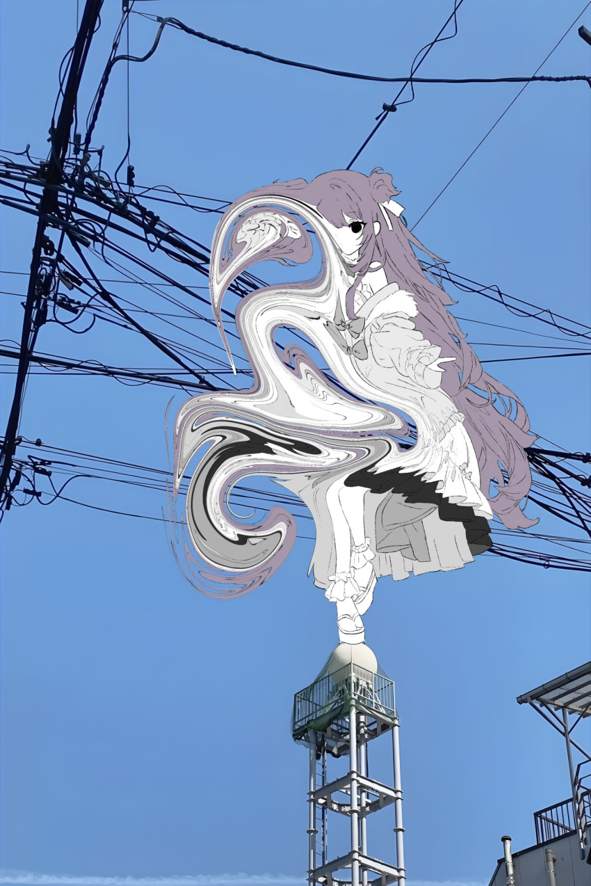 1girl black_eyes blue_sky day dress empty_eyes full_body grey_dress highres long_hair looking_at_viewer mochu_(aoishikabane) original outdoors photo_background power_lines purple_hair sky solo standing standing_on_one_leg swirl utility_pole very_long_hair