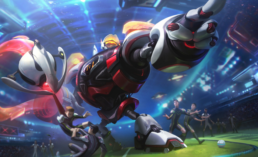 6+boys absurdres ball black_hair blitzcrank brown_hair dutch_angle glowing highres league_of_legends multiple_boys official_art playing_sports pointing robot second-party_source short_hair soccer soccer_ball solo_focus standing station uniform zenith_games_blitzcrank