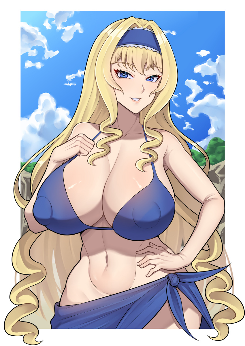 1girl absurdres band-width bikini blonde_hair blue_eyes blue_headband blue_sarong blue_sky breasts cecilia_alcott cleavage cloud collarbone commission covered_nipples hair_intakes hand_on_own_hip headband highres infinite_stratos large_breasts linea_alba long_hair navel sarong sky smile solo stomach swimsuit