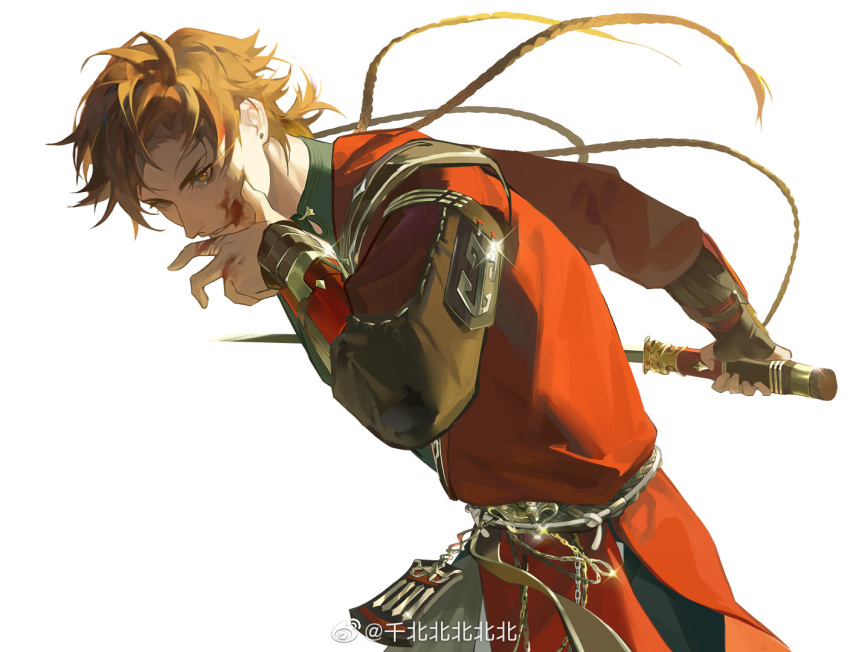 1boy belt bishounen blonde_hair blood blood_on_face blood_on_hands bracer chain chinese_commentary code:_kite commentary_request cowboy_shot earrings glowing glowing_eye holding holding_sword holding_weapon jewelry long_sleeves looking_at_viewer male_focus qian_beibeibeibeibei red_skirt red_tunic short_hair simple_background skirt solo stud_earrings sun_ce_(code:_kite) sword thick_eyebrows watermark weapon weapon_behind_back weibo_logo weibo_username white_background wiping_blood