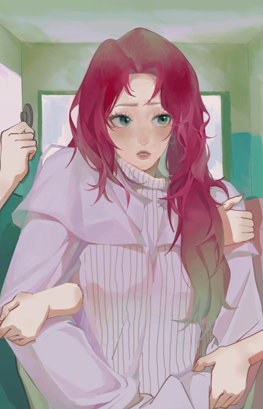 1girl blush chinese_commentary colored_tips gradient_hair green_eyes green_hair hallway highres holding holding_another's_arm holding_stethoscope indoors k-pop long_hair looking_to_the_side mamamoo multicolored_hair nanwanklae parted_lips procreate_(medium) purple_sweater real_life red_hair solo_focus stethoscope sweater wheein_(mamamoo)