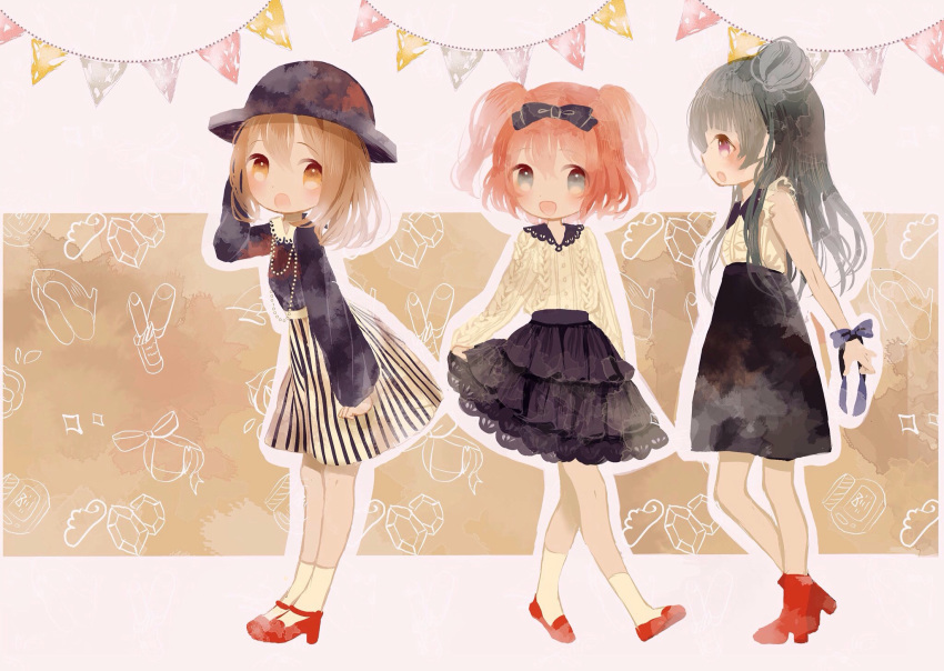 3girls :d :o aged_down black_bow black_hair black_skirt blue_hair blush bow brown_eyes brown_hair center_frills child dress flats frills full_body hair_bow hair_bun hat high_heels highres kunikida_hanamaru kurosawa_ruby long_hair long_sleeves love_live! love_live!_sunshine!! multiple_girls open_mouth outline profile purple_eyes red_footwear red_hair ribbon shoes short_hair single_hair_bun single_side_bun skirt skirt_hold sleeveless smile socks streamers string_of_flags striped_clothes striped_skirt supika sweater tsushima_yoshiko two_side_up white_outline wrist_bow