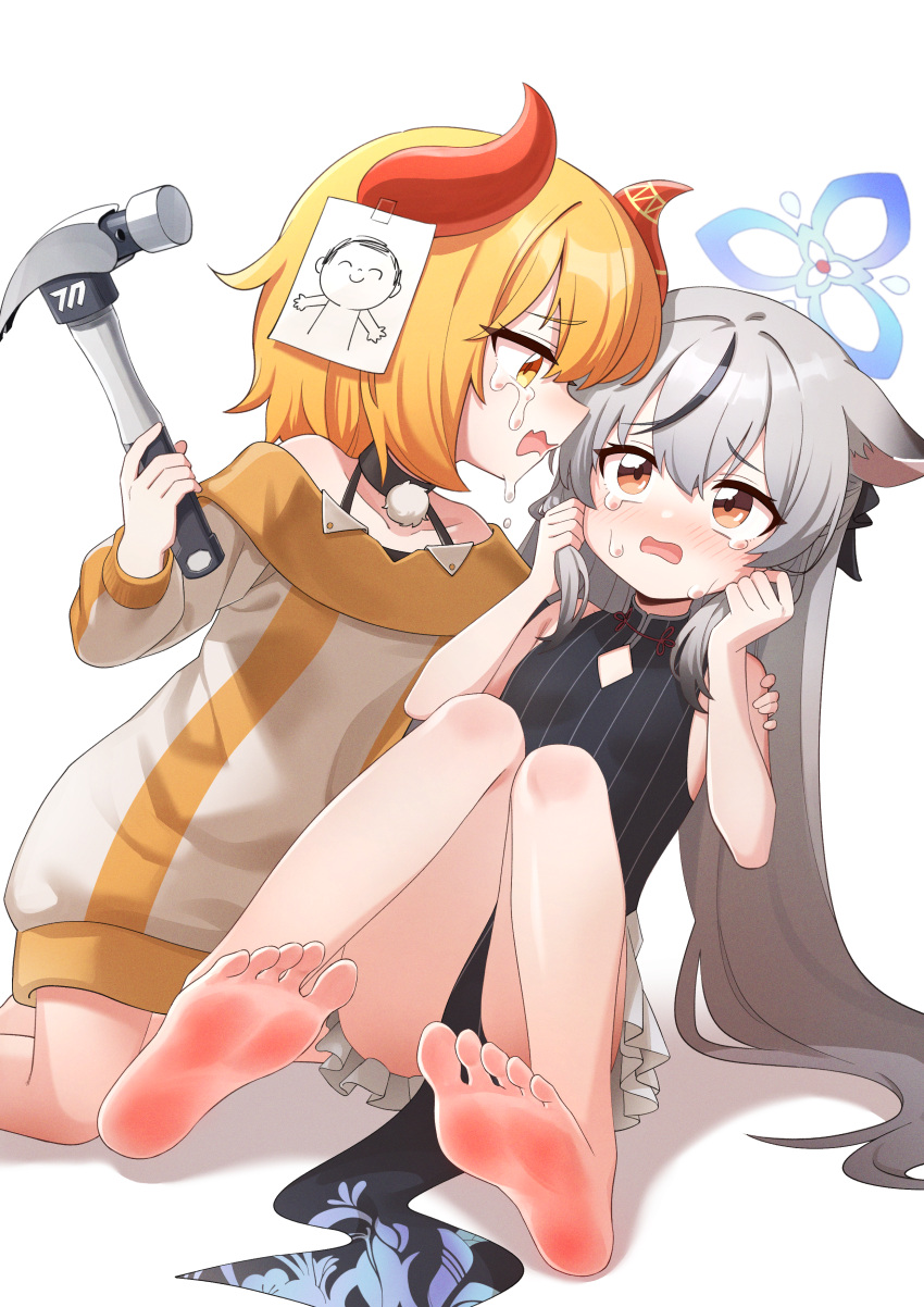 2girls absurdres ass barefoot black_dress black_hair blonde_hair blue_archive blue_halo blush crying crying_with_eyes_open doodle_sensei_(blue_archive) dress female_sensei_(blue_archive) golmonggu grey_hair halo hammer highres holding holding_hammer horns kokona_(blue_archive) long_hair long_sleeves multicolored_hair multiple_girls open_mouth orange_eyes red_horns sensei_(blue_archive) short_hair simple_background sleeveless sleeveless_dress soles streaked_hair striped_clothes striped_dress tears textless_version tight_clothes toes vertical-striped_clothes vertical-striped_dress white_background yellow_eyes