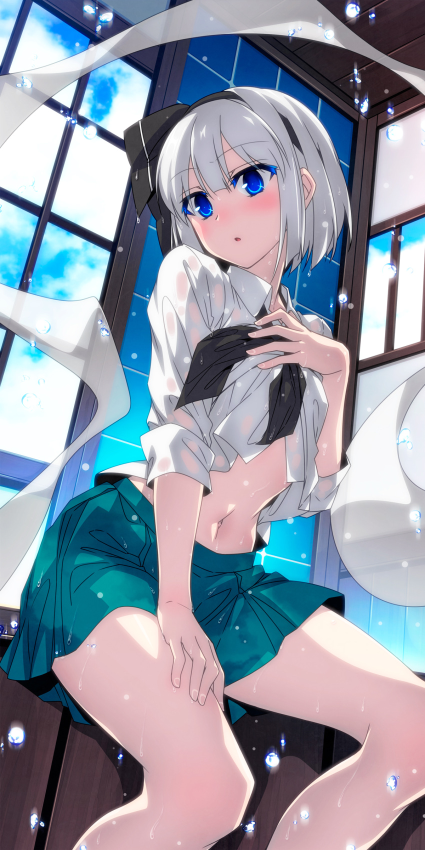 1girl absurdres arm_support black_hairband black_neckerchief blue_eyes blush bob_cut bow_hairband breasts clothes_lift collared_shirt commentary_request feet_out_of_frame from_below green_skirt hair_between_eyes hairband hand_on_own_chest highres indoors konpaku_youmu konpaku_youmu_(ghost) looking_at_viewer midriff navel neckerchief open_mouth pleated_skirt sazanami_mio shirt shirt_lift short_hair sitting skirt sleeves_rolled_up small_breasts solo thighs touhou water_drop wet wet_clothes wet_shirt white_hair white_shirt