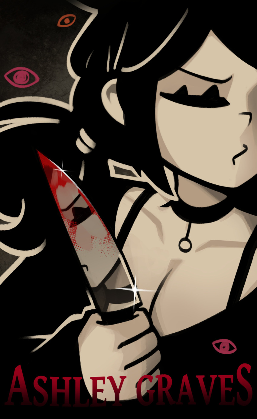 1girl absurdres american_psycho ashley_graves black_choker black_hair blood breasts choker cleavage closed_mouth collarbone gradient_background hand_up highres holding holding_knife knife large_breasts ponytail reflection sorapoi the_coffin_of_andy_and_leyley