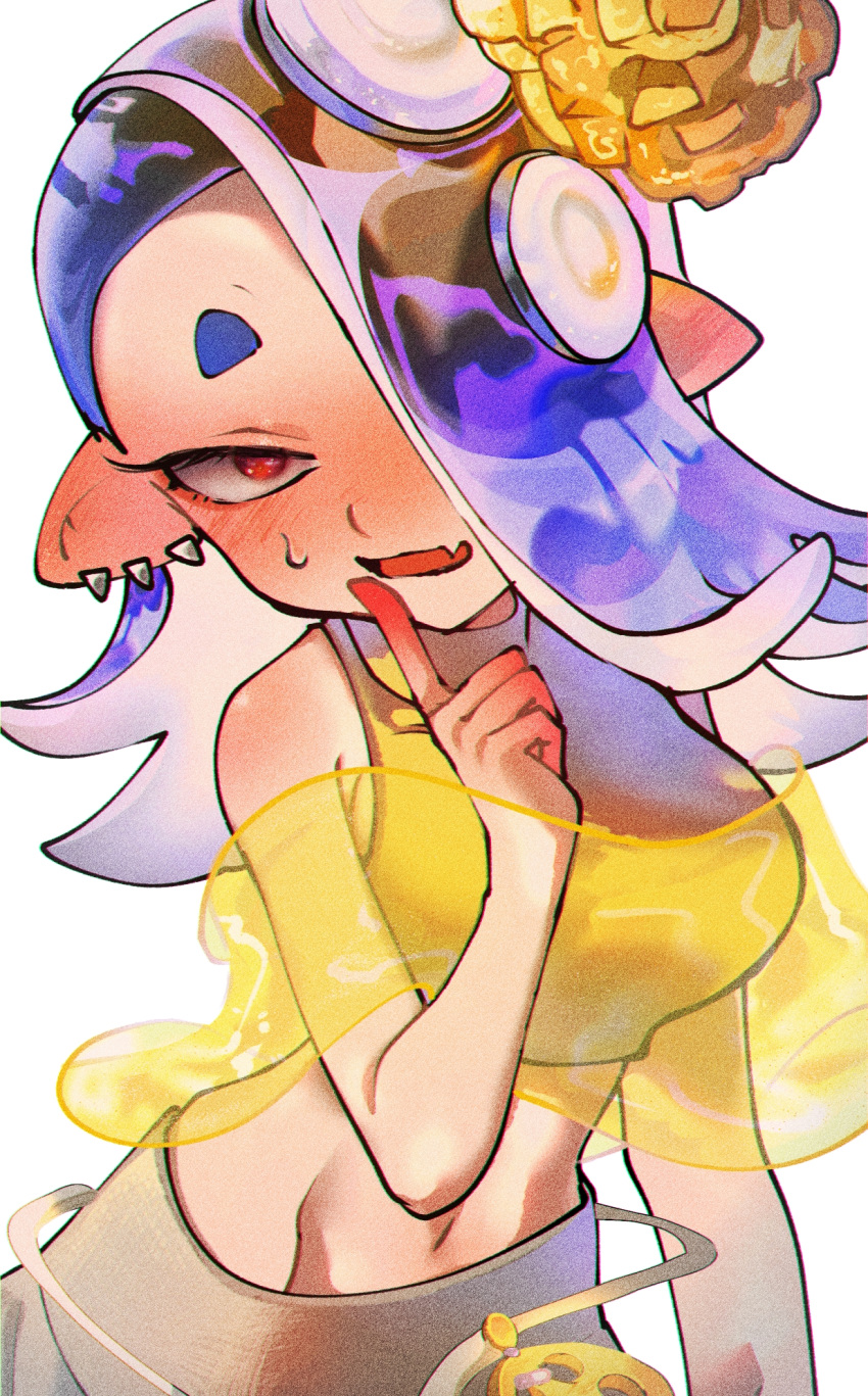 1girl blue_hair blush breasts commentary_request cosplay crop_top embarrassed eyelashes fang frye_(splatoon) frye_(splatoon)_(cosplay) grey_pants groin hair_ornament hair_over_one_eye harem_pants highres jakujaku444 large_breasts long_hair navel nose_blush octoling open_mouth pants pom_pom_(clothes) pom_pom_hair_ornament red_eyes shawl shiver_(splatoon) simple_background skin_fang solo splatoon_(series) splatoon_3 tentacle_hair thick_eyebrows tooth_earrings white_background yellow_shawl