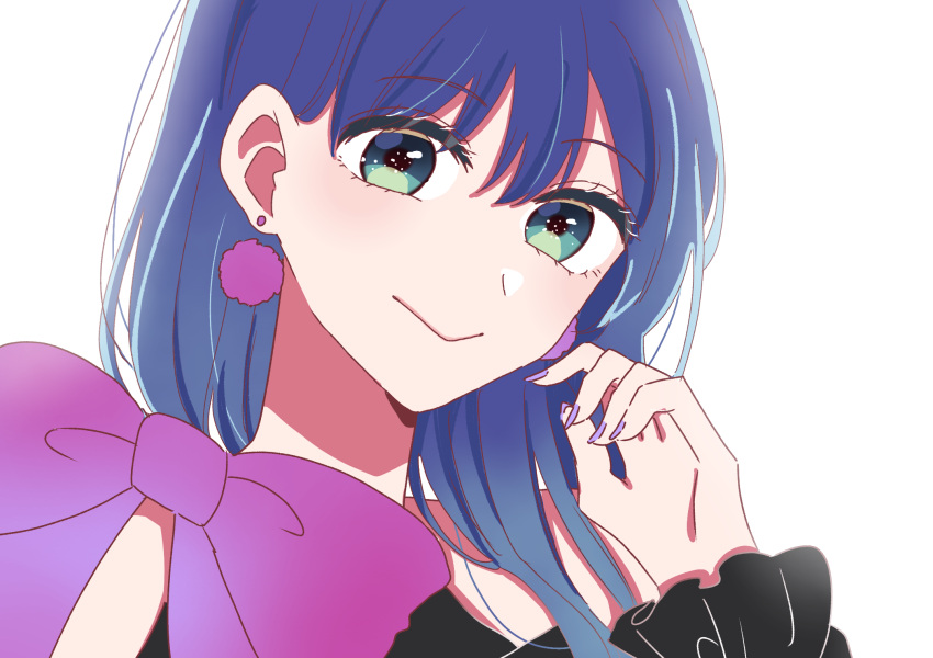 1girl :&gt; black_dress blue_hair bow closed_mouth commentary_request dress dress_bow earrings eyelashes eyes_visible_through_hair fingernails frilled_sleeves frills green_eyes hair_between_eyes hand_up highres jewelry kurokawa_akane large_bow long_bangs long_hair looking_at_viewer looking_to_the_side nail_polish oshi_no_ko pom_pom_(clothes) pom_pom_earrings portrait purple_bow purple_nails single-shoulder_dress smile solo swept_bangs white_background xto4k