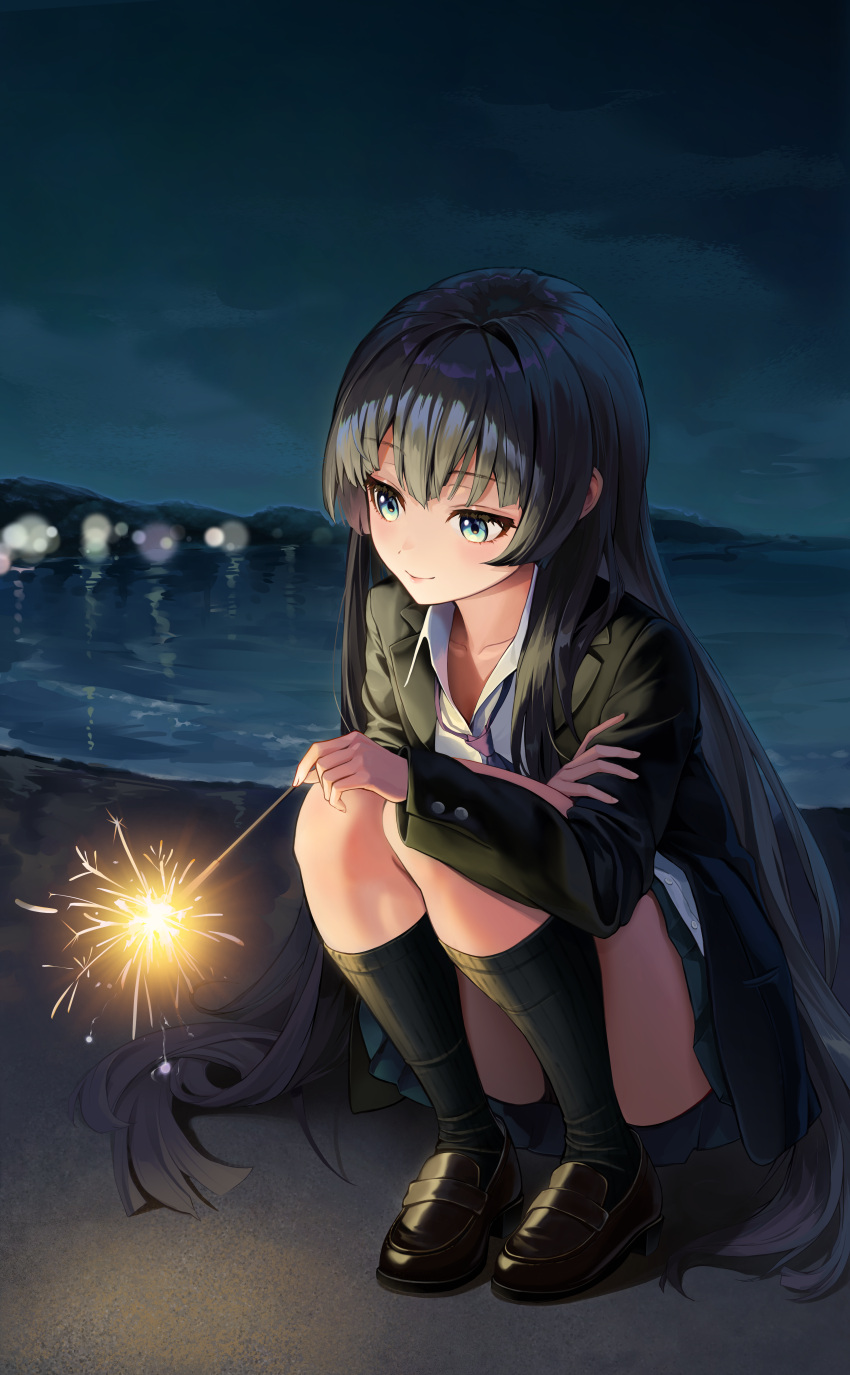 1girl absurdres black_hair collared_shirt crossed_arms fireworks green_eyes highres holding loafers long_hair long_sleeves looking_down night night_sky ocean original outdoors panties pantyshot school_uniform senkou_hanabi shirt shoes skirt sky smile socks solo sparkler squatting underwear upskirt very_long_hair water wellsy