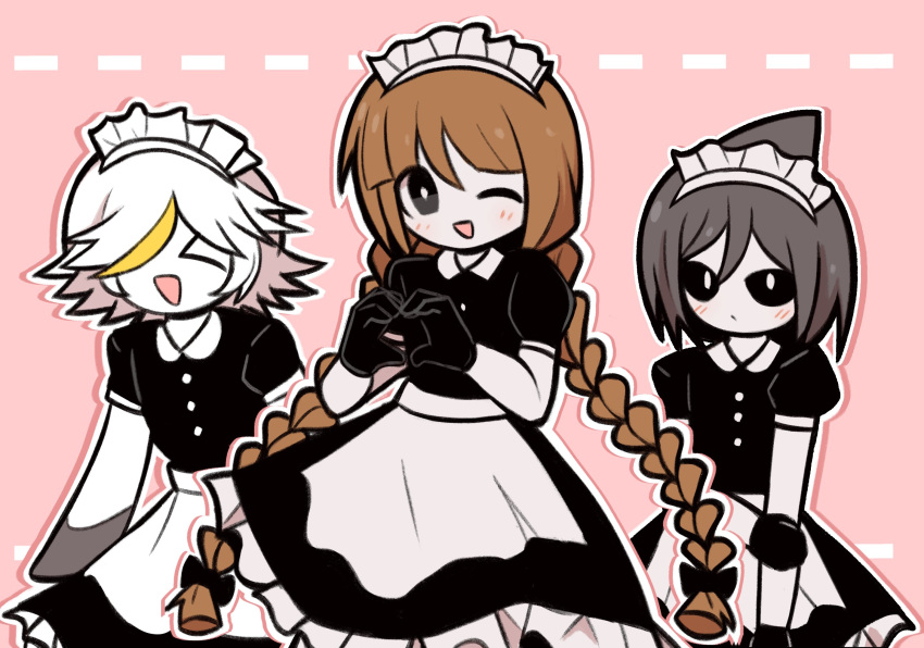 &gt;_&lt; 3girls alternate_costume animal_hands apron black_bow black_dress black_gloves black_sclera blonde_hair bow braid brown_hair buttons collared_dress colored_sclera colored_skin dolphi_(wadanohara) dress fins funamusea gloves grey_eyes grey_hair hair_bow hand_on_own_arm head_fins heart heart_hands highres light_blush maid maid_apron maid_headdress memoca_(wadanohara) multicolored_hair multiple_girls one_eye_closed oounabara_to_wadanohara open_mouth orazamige outline patterned_background pink_background puffy_short_sleeves puffy_sleeves short_hair short_sleeves smile streaked_hair triangle_mouth twin_braids wadanohara white_eyes white_hair white_outline white_skin
