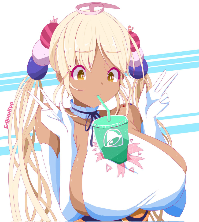 1girl artist_name blonde_hair breasts bright_pupils bubble_tea_challenge choker colored_eyelashes cup dark-skinned_female dark_skin disposable_cup double_v drinking_straw drinking_straw_in_mouth elbow_gloves erikuukun frilled_choker frills gloves hair_ornament halterneck heart highres hololive hololive_english huge_breasts limiter_(tsukumo_sana) planet_hair_ornament sideboob sleeveless solo tsukumo_sana twintails v virtual_youtuber white_gloves yellow_eyes